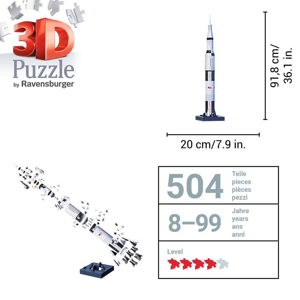 NASA Apollo Saturn V Rocket 504 Piece 3D Jigsaw Puzzle Ravensburger
