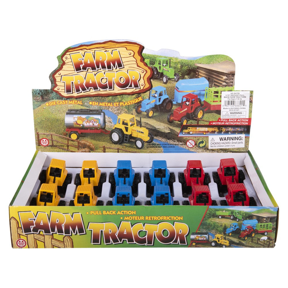 Die-Cast Pull Back Farm Tractors 3.75"