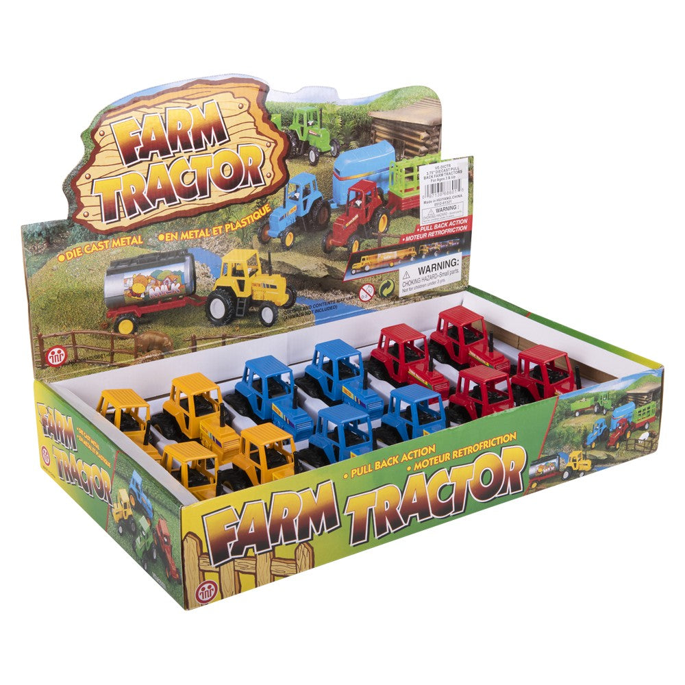 Die-Cast Pull Back Farm Tractors 3.75"